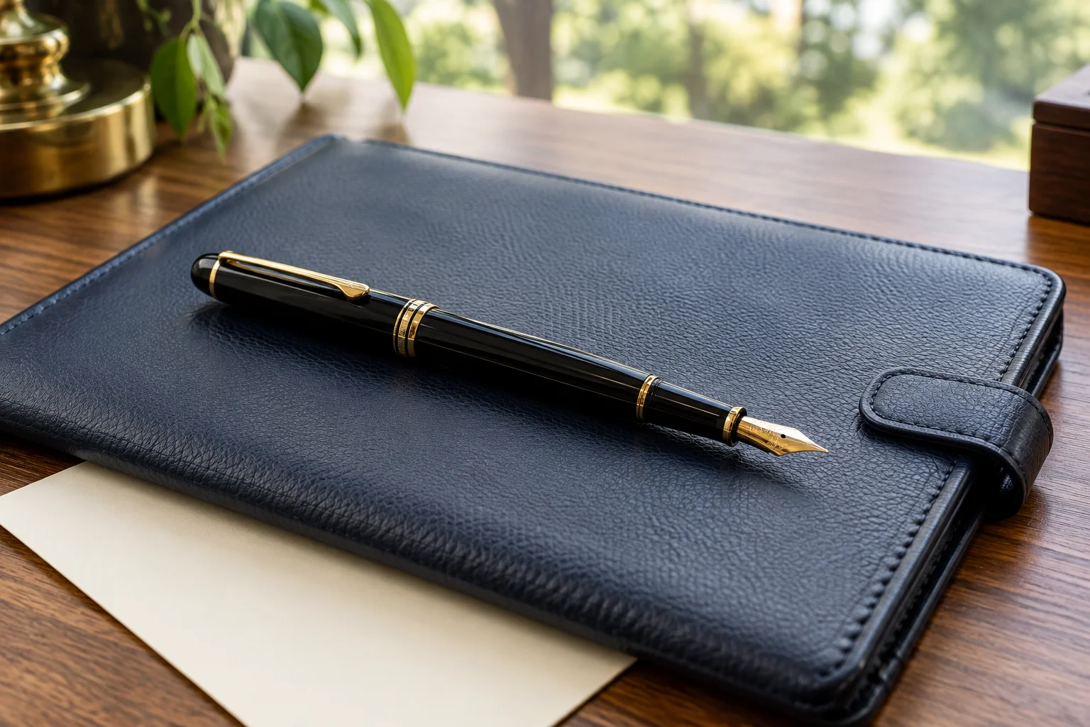 Fountain pen on a document folio, ready for a signing